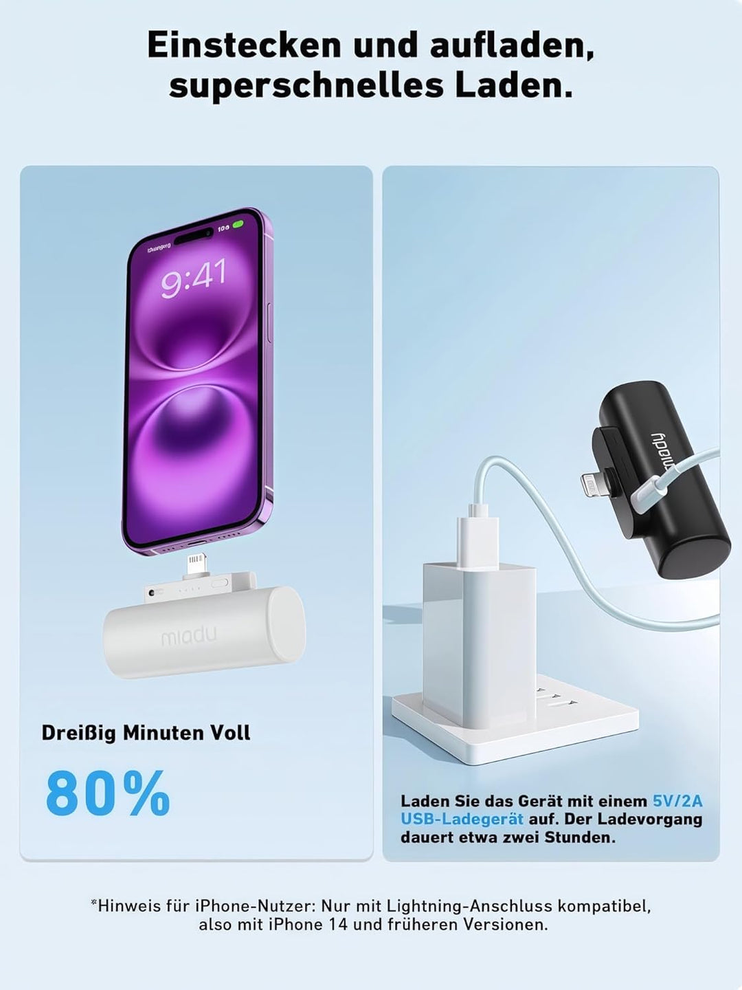 Miady Mini Power Bank für iPhone, 5000mAh Schnellladung ultraschlanker tragbarer externer Akku, Klei