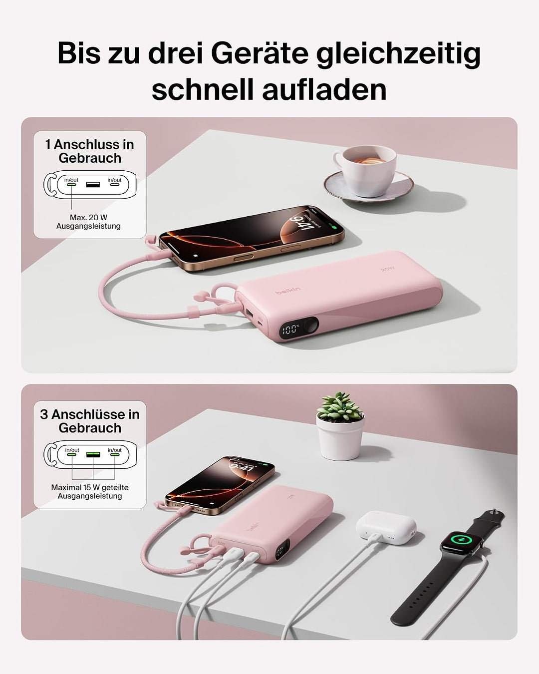 Belkin BoostCharge 20000mAh Power Bank, Digitale Akkuanzeige – Rosa | 20K Powerbank, 2 USB-C, 1 USB-