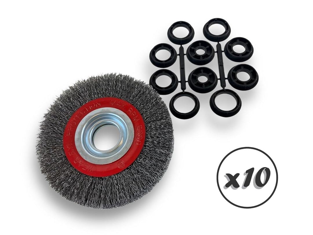10er-Set Rundbürsten STAHL | Ø 150 mm | 2-reihig | Harte, gewellte Drähte 0,30 mm | Bohrung 32 mm +