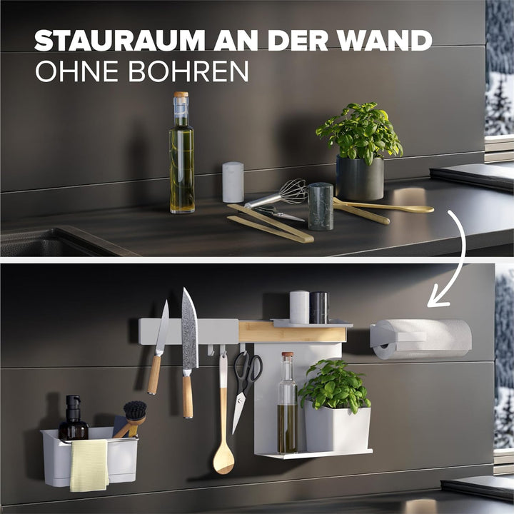 tesa Küchen-Organizer Kombi-Set XL - selbstklebende Küchenleiste, Kräutertopf, 2 Ablagen, Spül-Organ