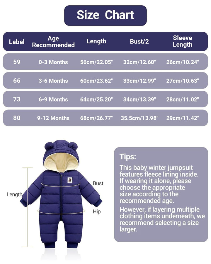 Baby Winter Overall mit Kapuze, Strampler Schneeanzug Jungen Mädchen Langarm Jumpsuit Warm Outfits G