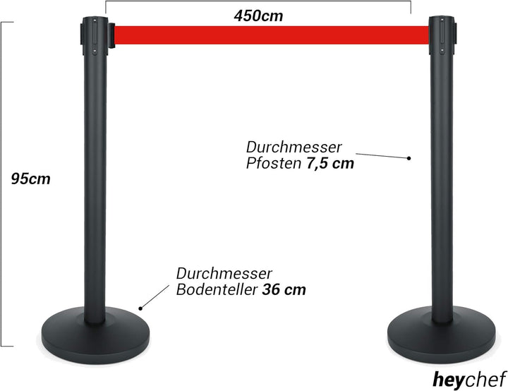 heyChef - 2er-Set | 450cm Gurtband rot extra-lang, Absperrpfosten Edelstahl pulverbeschichtet schwar