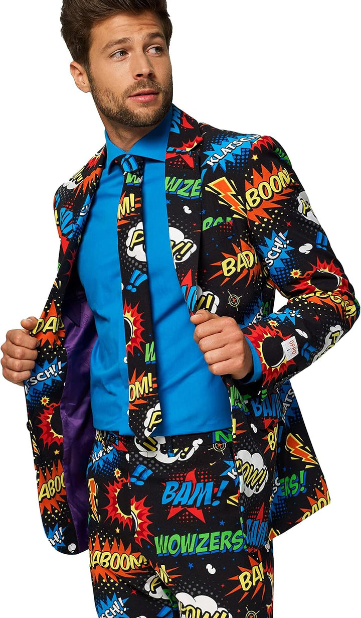 OppoSuits Karnevalskostüme Herren festlichem Druck Anzug mit Krawatte 42 Badaboom, 42 Badaboom