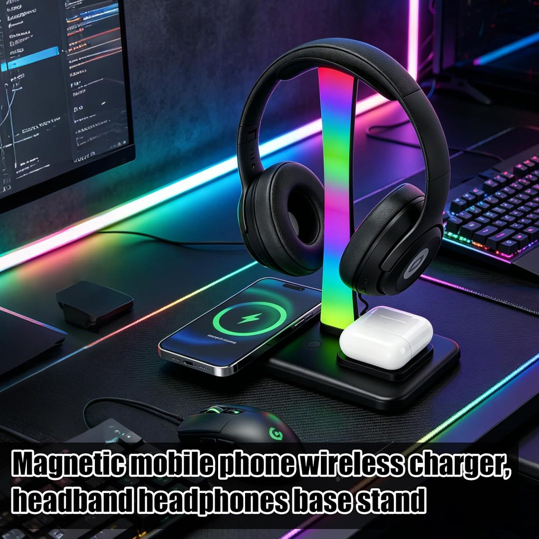 3 in 1 RGB Gaming Kopfhörer Ständer, Headset Halterung mit 15W Wireless Ladegerät, Wireless Charge K