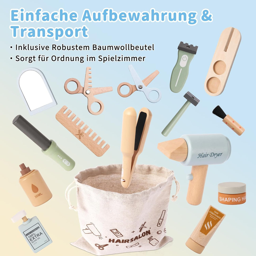 FIIOEOY Holz Friseur Set Kinder mit Haartrockner Lockenstab Haarstyling Rasierzubehör Salon Friseur