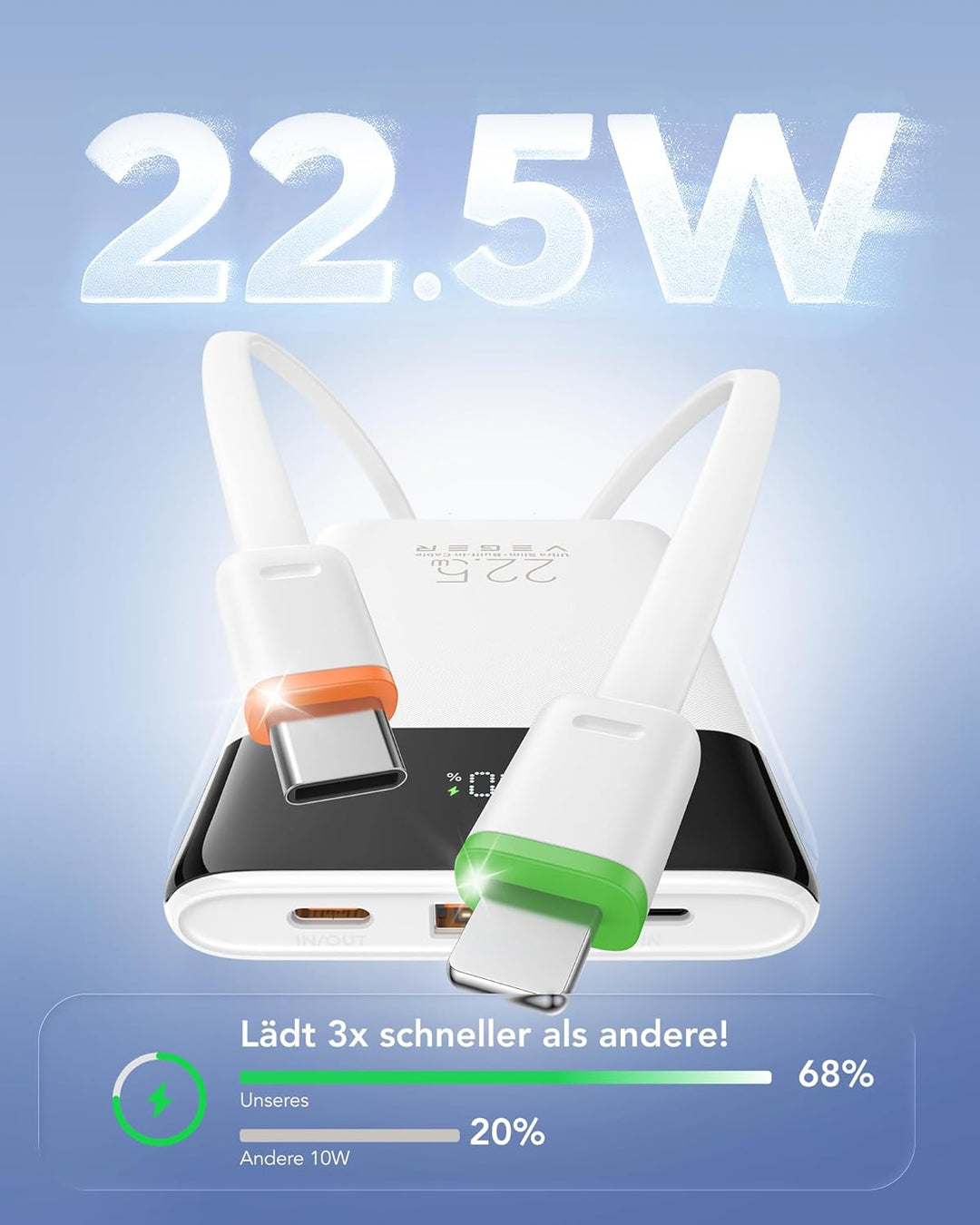 VEGER Power Bank 10000mAh Klein, 22.5W Schnellladung PowerBank mit Integriertem USB-C Kabel, Externe