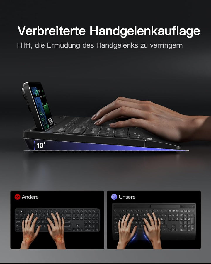 Inateck Tastatur Maus Set Kabellos,Funktastatur QWERTZ in voller Grösse,3 Bluetooth,mit Handballenau