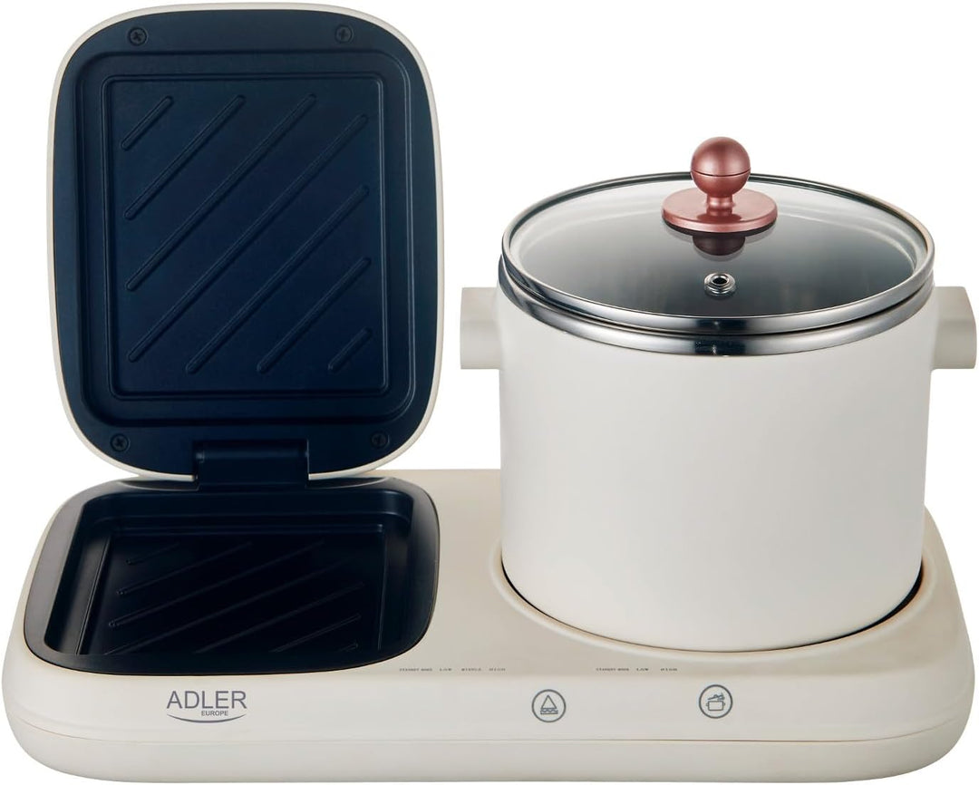 ADLER EUROPE AD 6421 Frühstücksstation 2-in-1 mit 1,0-L Kochtopf und Antihaft-Grillfläche | Retro De