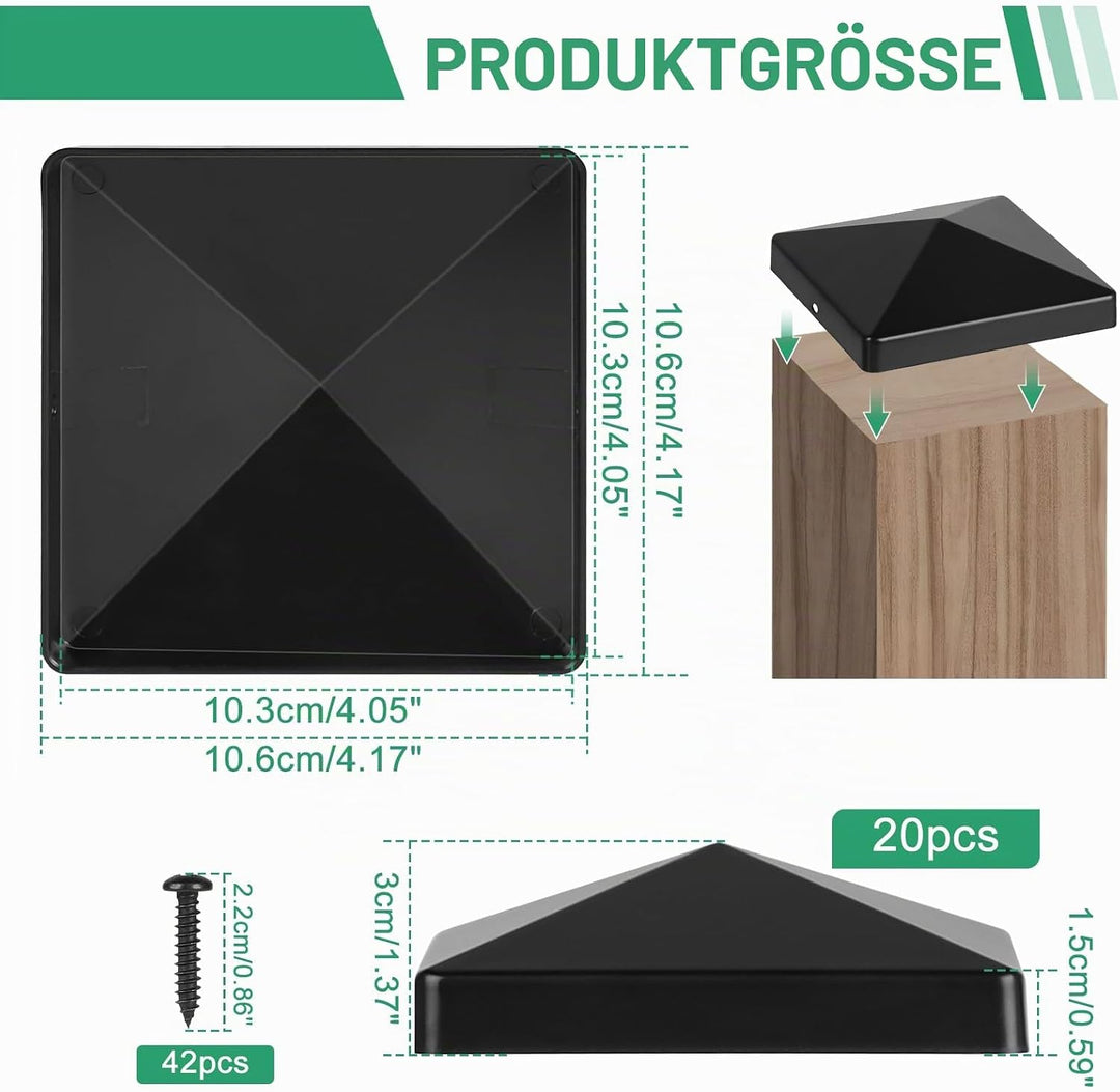 20 Stück Pfostenkappen 10x10 cm, Abdeckkappen für Pfosten, Zaunpfosten Kappen, Kunststoff Pfostenkap