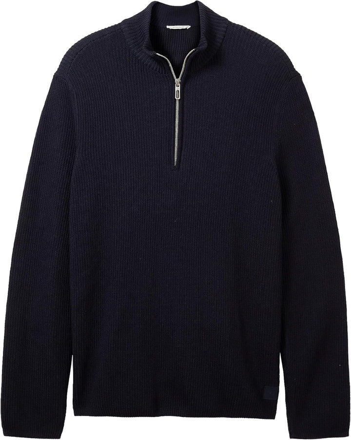 TOM TAILOR Herren Mouliné Strick-Pullover mit Troyer-Kragen L 13160 - Knitted Navy Melange, L 13160