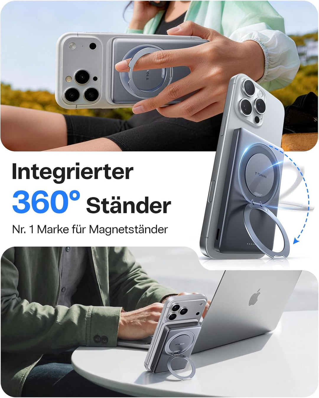 TORRAS Ostand MiniMag Ultra Slim Powerbank für Magsafe, Integrierter 360° Ständer 18W Schnellladen 1