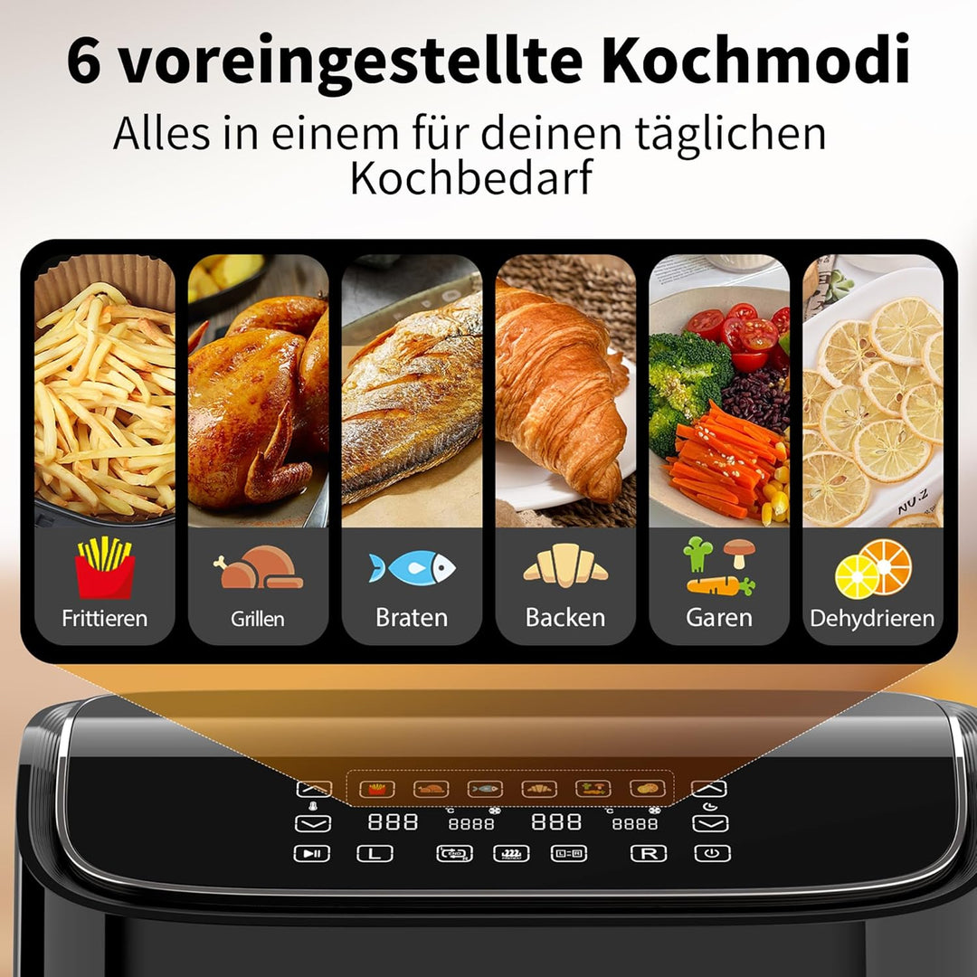 aeco DUO Doppelkammer AirFryer 9 Liter (3l & 6l, Sync-Funktion, Heissluftfritteuse mit digitalem Tou