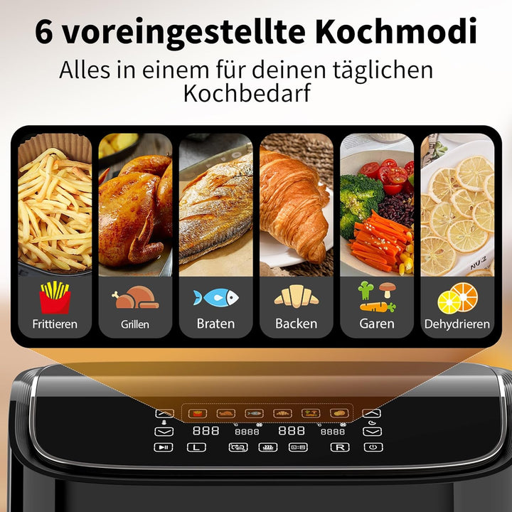 aeco DUO Doppelkammer AirFryer 9 Liter (3l & 6l, Sync-Funktion, Heissluftfritteuse mit digitalem Tou