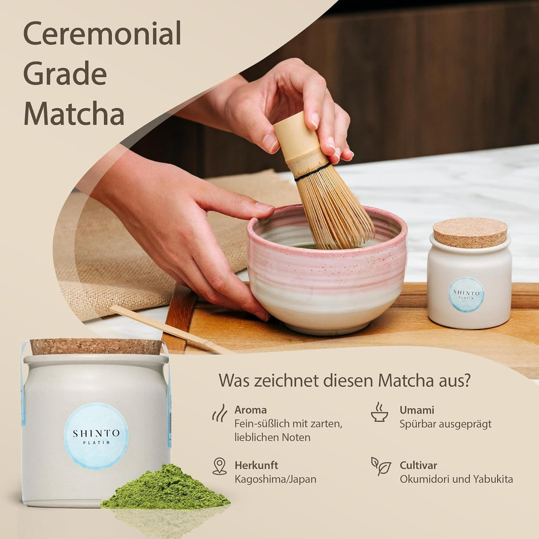 Matcha Tee Set Shinto® Platin - Ceremonial Bio Grüntee-Pulver - beschattet & handgepflückt aus Uji J
