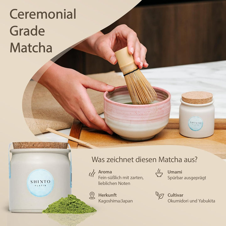 Matcha Tee Set Shinto® Platin - Ceremonial Bio Grüntee-Pulver - beschattet & handgepflückt aus Uji J