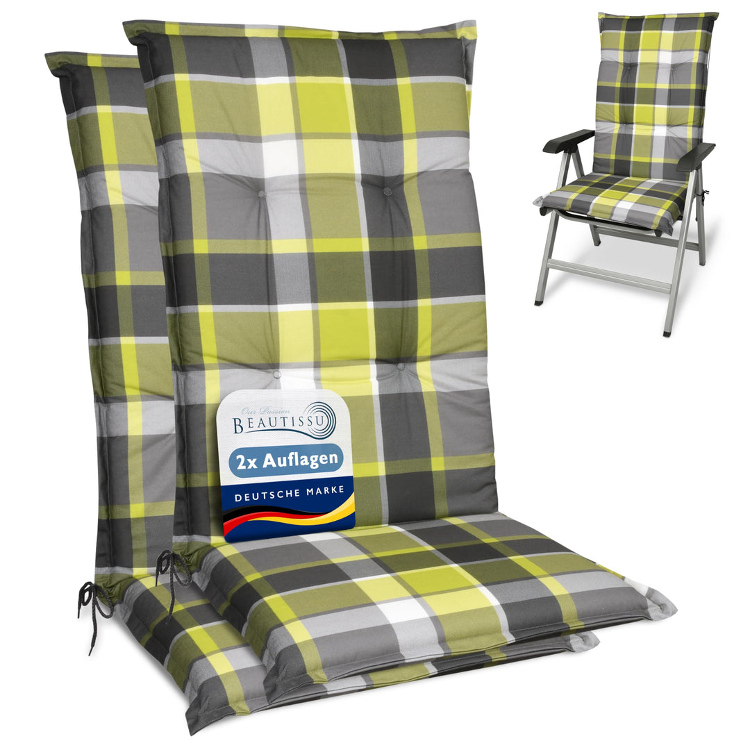 Beautissu 2er Set Hochlehner Auflagen für Gartenstühle Polster kariert | 120x50cm Grün 6cm dicke Pol