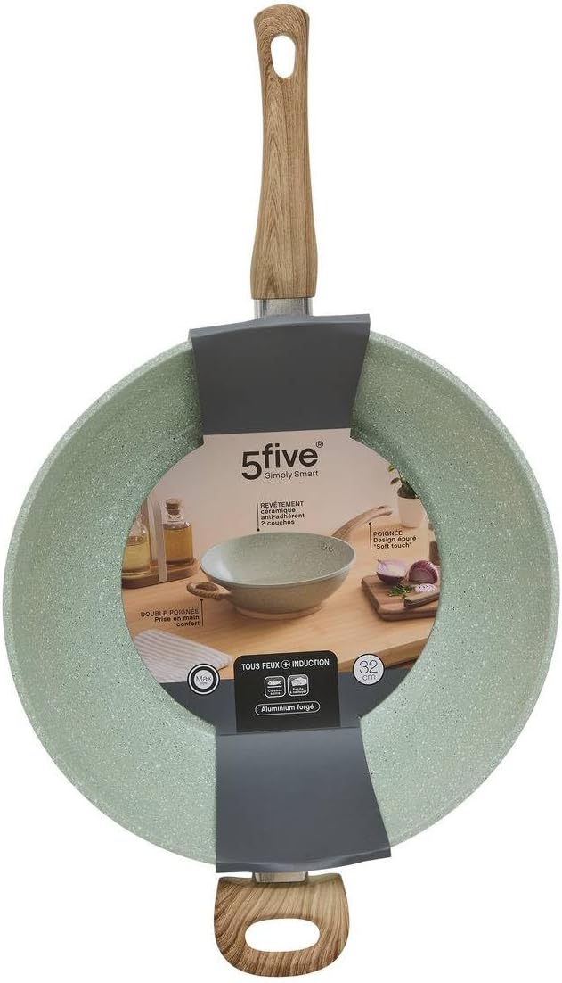 5Five – Grüner Wok aus Aluminium und Bakelit – 32 cm – 32,5 x 11,6 x 51,5 cm – Küchenzubehör, Kochen