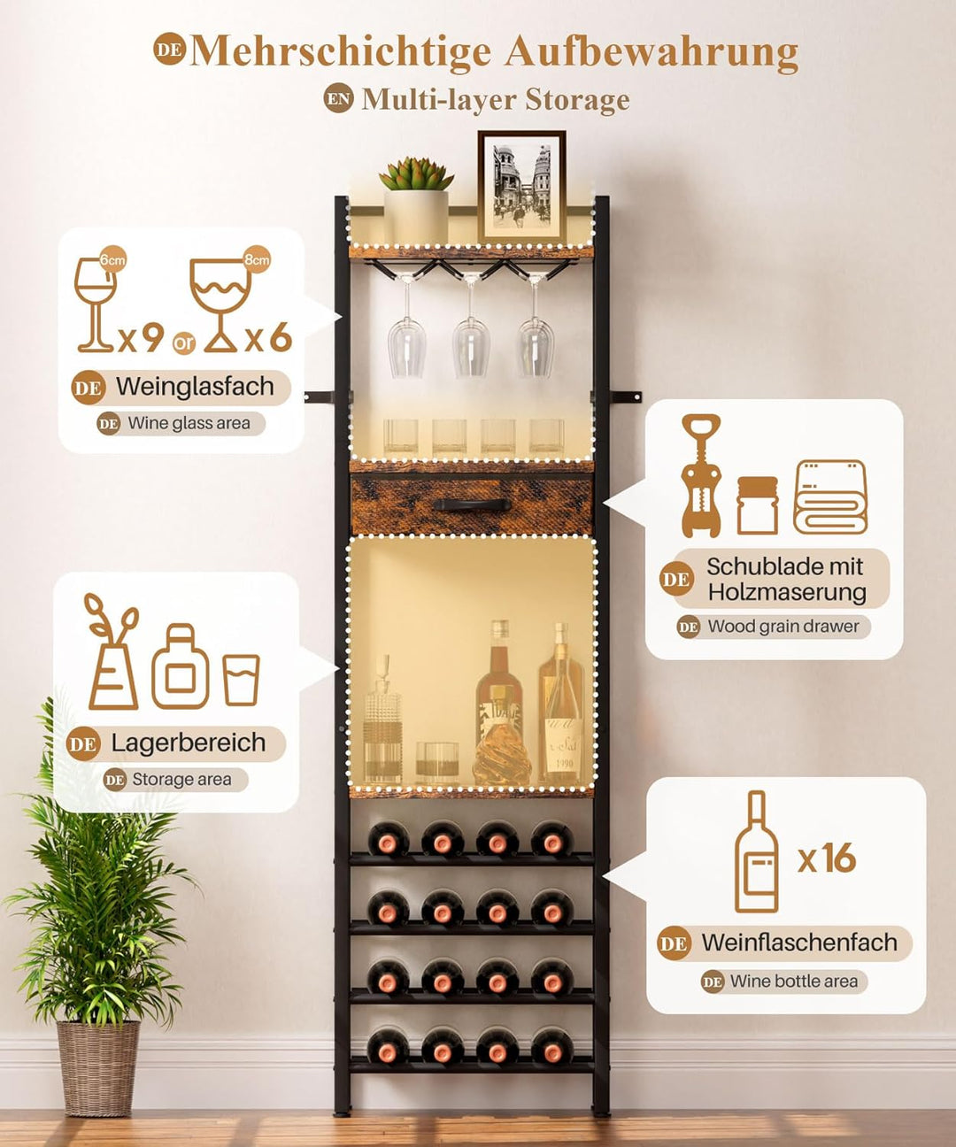 Yorbay Weinregal für 16 Flaschen, 4-Stöckiges Freistehendes Weinregal mit Glashaltere und Schublade,