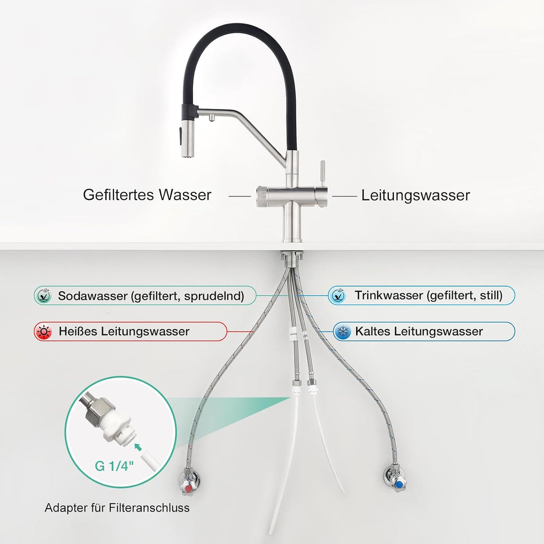 Faustina 4 Wege Küchenarmatur abnehmbar, Doppelhebel Armatur Wasserhahn Küche mit Trinkwasser und So
