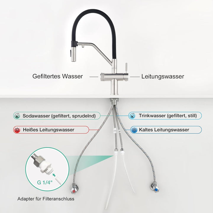 Faustina 4 Wege Küchenarmatur abnehmbar, Doppelhebel Armatur Wasserhahn Küche mit Trinkwasser und So