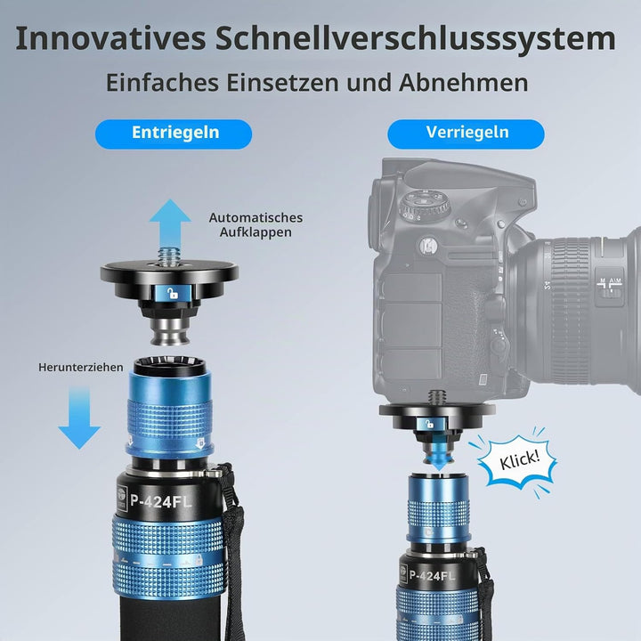 SIRUI P-424FL Kamera Einbeinstativ, 190cm Heavy Duty Carbon Fiber Foto Video Einbeinstativ, 4-Sectio
