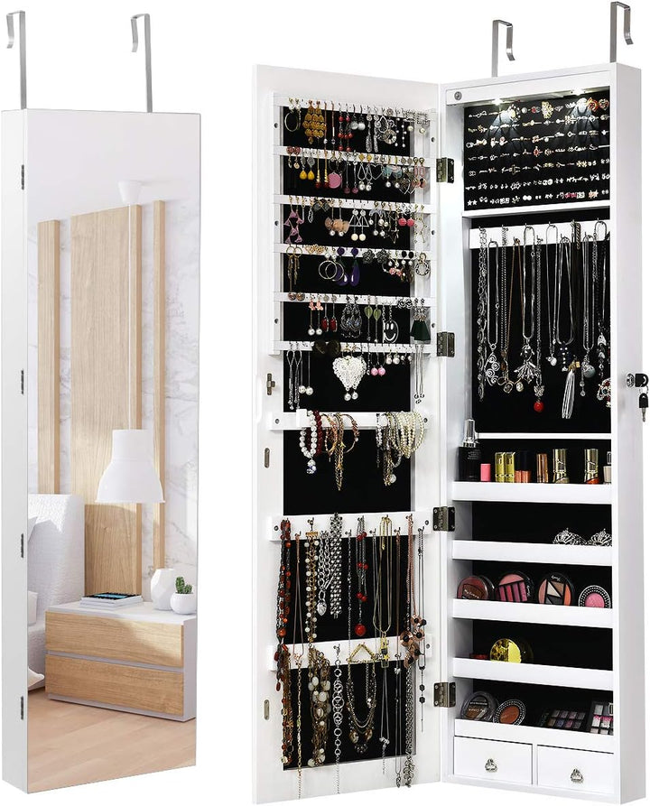 RELAX4LIFE Schmuckschrank, Schmuckregal mit LED-Beleuchtung & Spiegel & Schloss, Schmuckorganizer fü