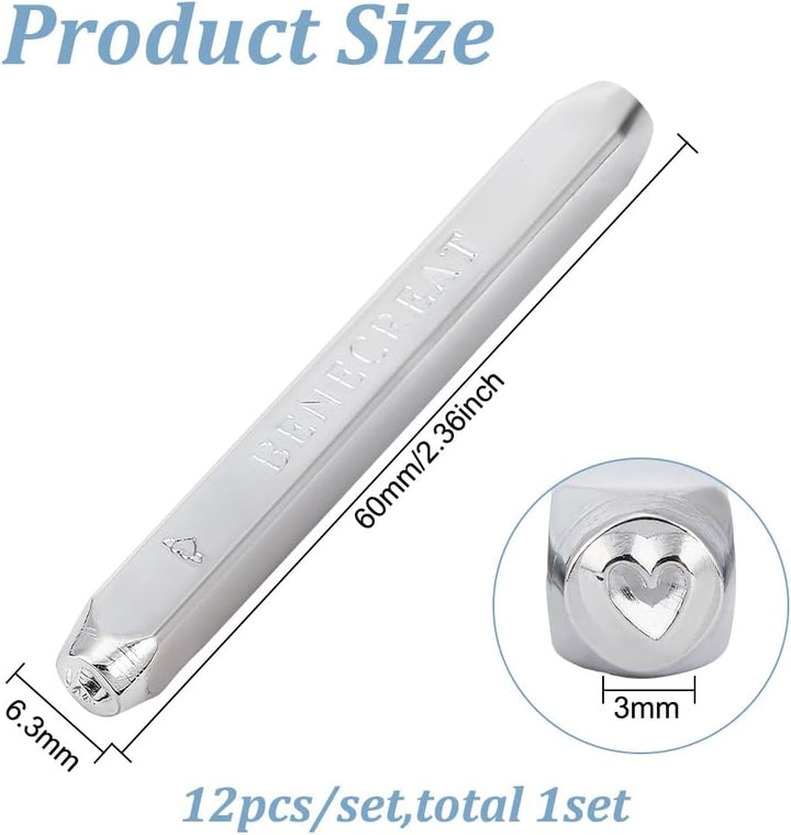 BENECREAT 12 Stück 3mm Metallstempel-Set, Herz-Stern-Muster Design Schnitzerei Prägestempel für Meta
