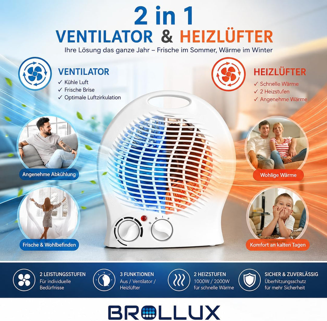 Brollux Elektroheizung 2000W mobiles Heizgerät mobiler Konvektor Elektrische Heizung mit Thermostat