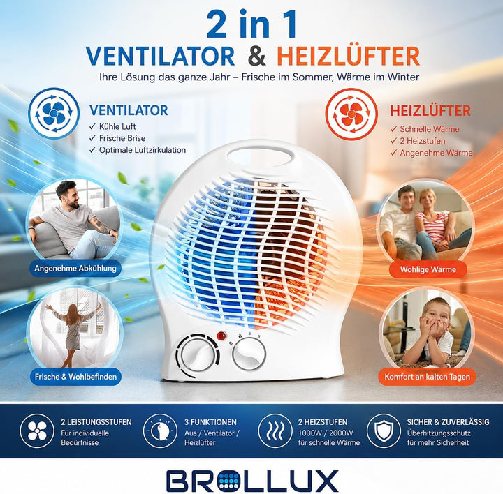 Brollux Elektroheizung 2000W mobiles Heizgerät mobiler Konvektor Elektrische Heizung mit Thermostat