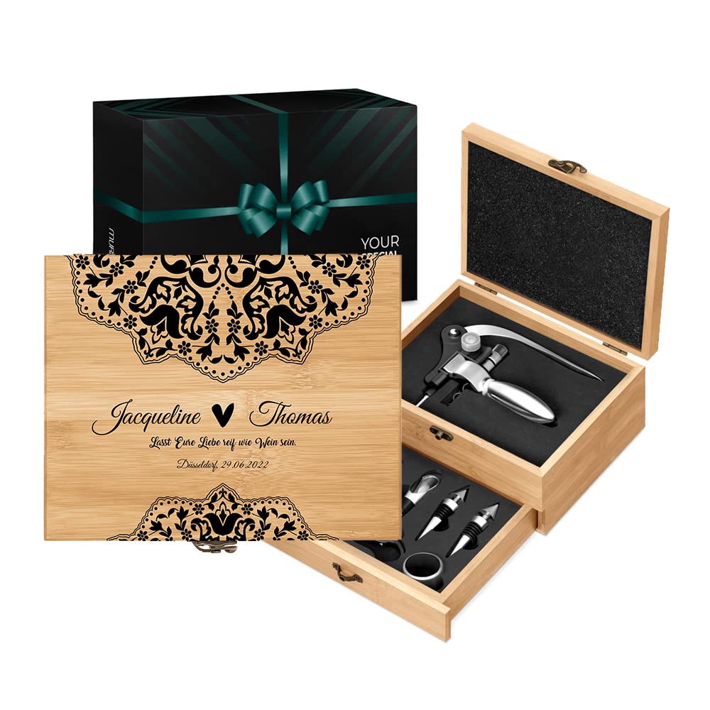 Maverton Weinöffner-Set personalisiert Weinset Sommelier Set - Geschenkbox Holzbox + 8er Weinzubehör