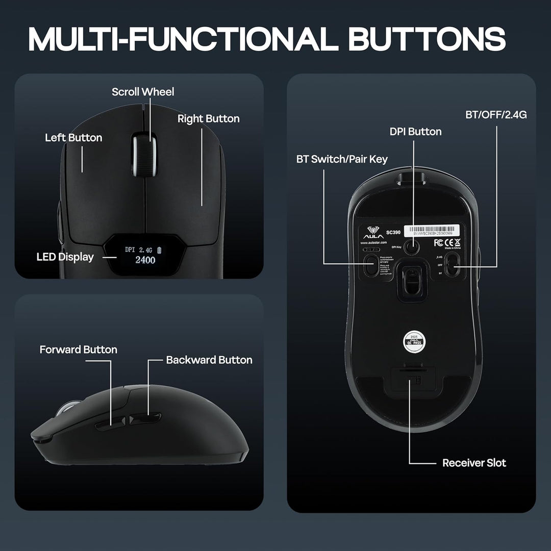 MechLands Aula SC390 – Leichte Gaming-Maus mit Display, kabellose 2,4-GHz-/USB-C-/BT-Maus mit 400-mA