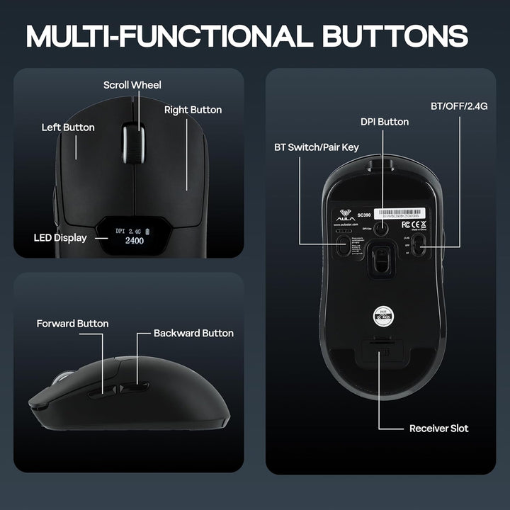 MechLands Aula SC390 – Leichte Gaming-Maus mit Display, kabellose 2,4-GHz-/USB-C-/BT-Maus mit 400-mA