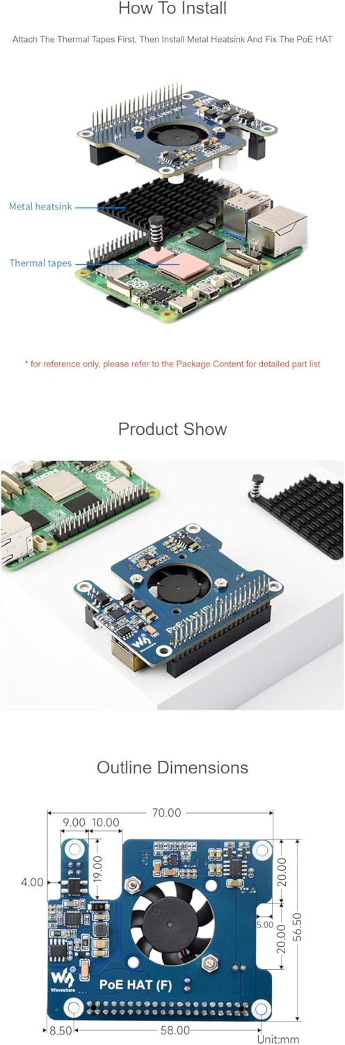 PoE HAT (F) for Raspberry Pi 5 / CM5, 802.3af/at Compliant, High Power Output, Active Cooling Fan, M