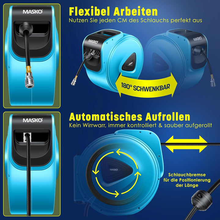 MASKO® 30m Druckluftschlauch Aufroller automatisch 1/4" Anschluss - Schlauchtrommel Wandschlauchhalt