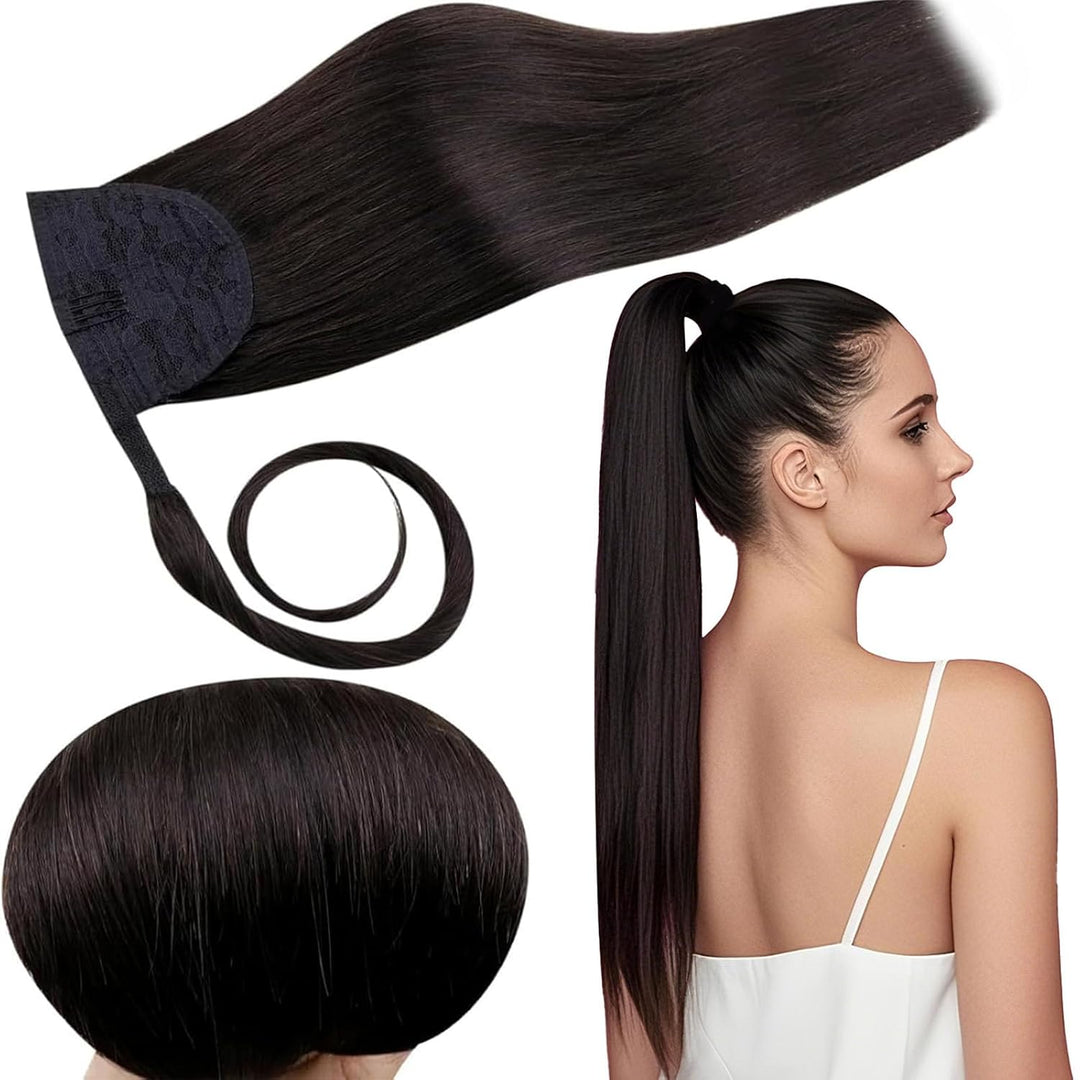 RUNATURE Zopf Echthaar Schwarz 40cm Clip in Ponytail Extension Echthaar Zopf Haarverlängerung Pferde