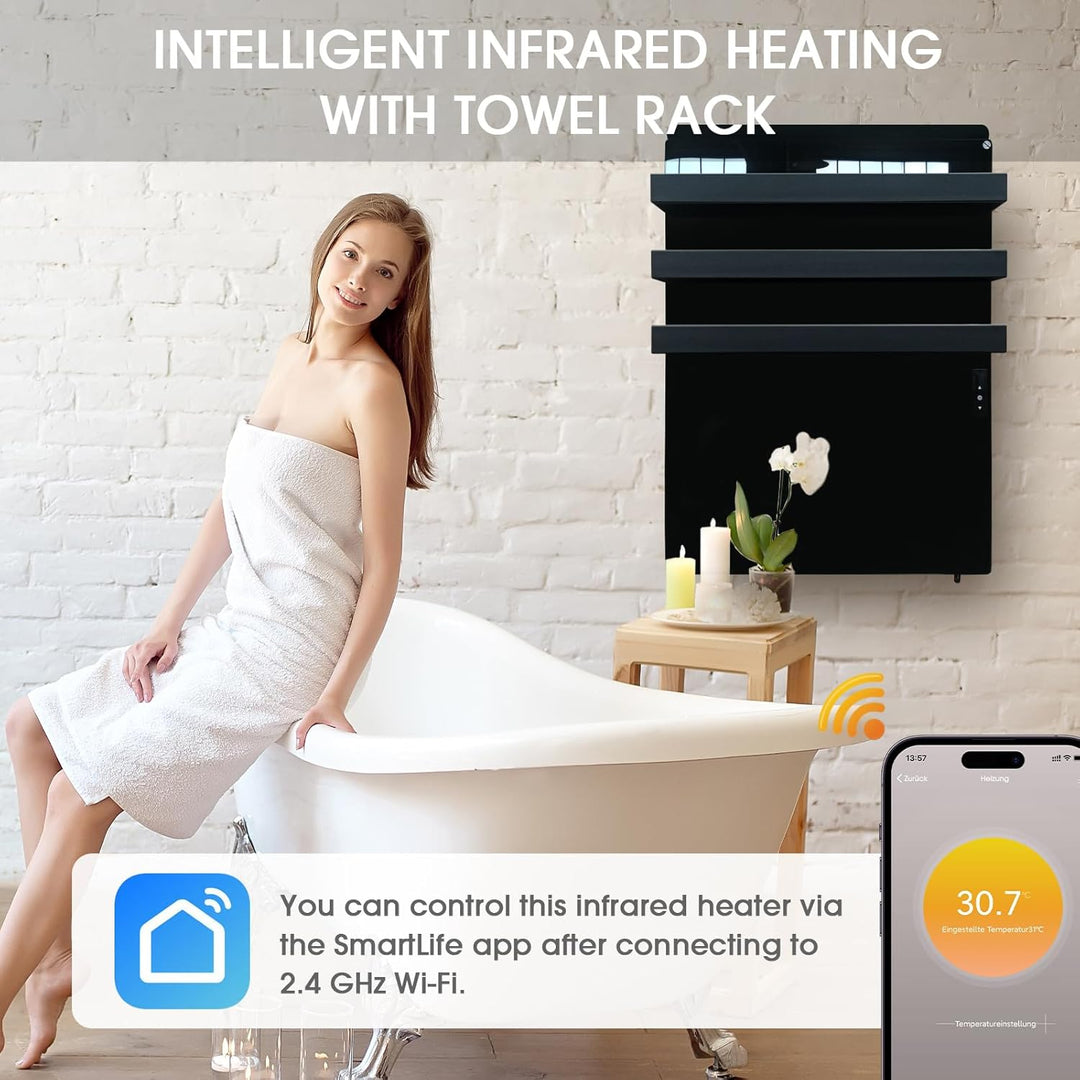 Infrarotheizung mit Thermostat 730 Watt, Bad-Heizkörper mit Handtuchhalter, Infrarot Wandheizung mit