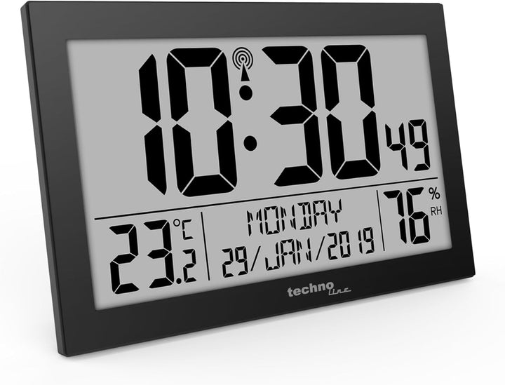 Technoline 8016 Funk-Wand-Uhr mit Temperaturanzeige, Kuststoff, schwarz, 225 x 143 x 24 mm, WS8016SC