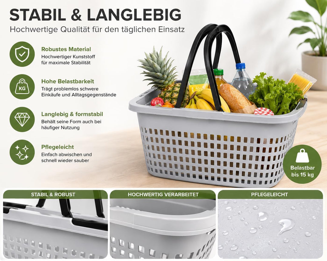HRB Einkaufskorb mit 2 Henkeln klappbar, Kunststoff, Belüftungslöcher (3, Grau) Grau 3, Grau 3