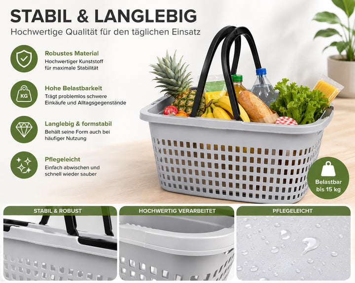 HRB Einkaufskorb mit 2 Henkeln klappbar, Kunststoff, Belüftungslöcher (3, Grau) Grau 3, Grau 3