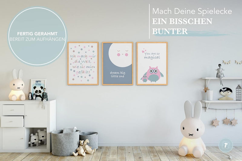 Papierschmiede® Kinderbilder 3er Set, A3 gerahmt in Holzrahmen (Natur), Geschenk für Jungen & Mädche