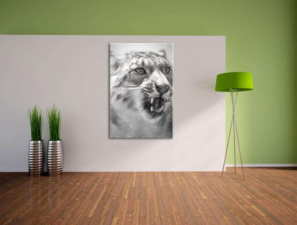Schneeleopard zeigt Zähne Deluxe Format: 100x70 cm auf Leinwand, XXL riesige Bilder fertig gerahmt m