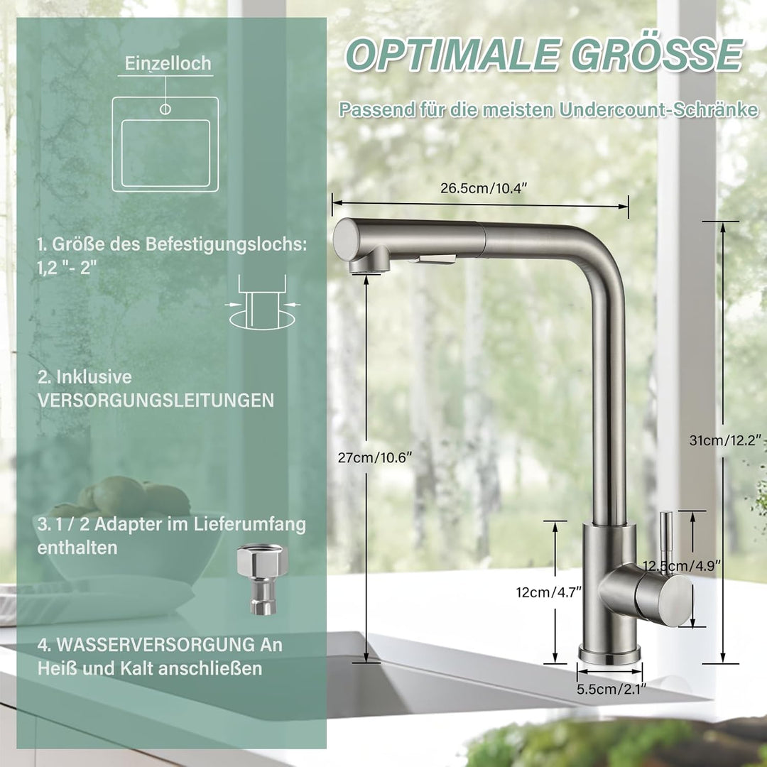 Wasserhahn Küche Edelstahl Küchenarmatur Mischbatterie mit Brause Ausziehbar Hochdruck 360° Schwenkb