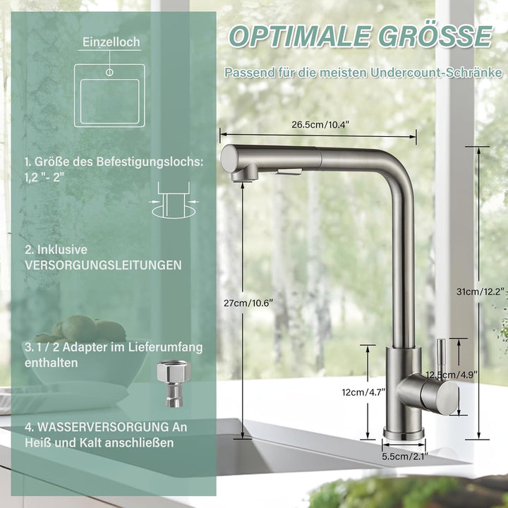 Wasserhahn Küche Edelstahl Küchenarmatur Mischbatterie mit Brause Ausziehbar Hochdruck 360° Schwenkb