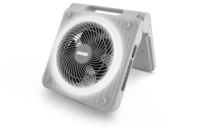 Unold Solar-Campingventilator 86517 – 5 Stufen, 5.000 mAh Powerbank &amp; LED-Licht, Akkubetrieb bis 24h