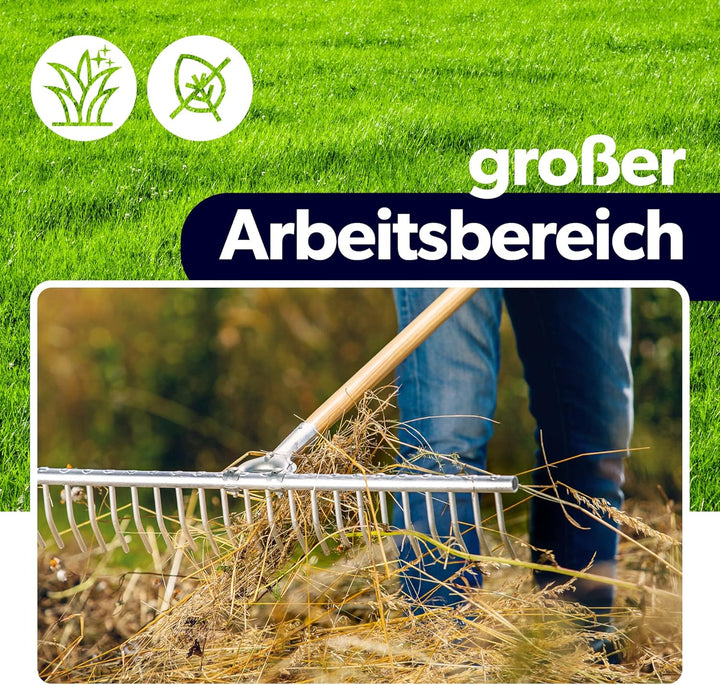 KADAX Rechen, Heurechen mit langem Stiel aus Holz, breite Harke für Garten, Beet, Rasen, Bequeme Gar