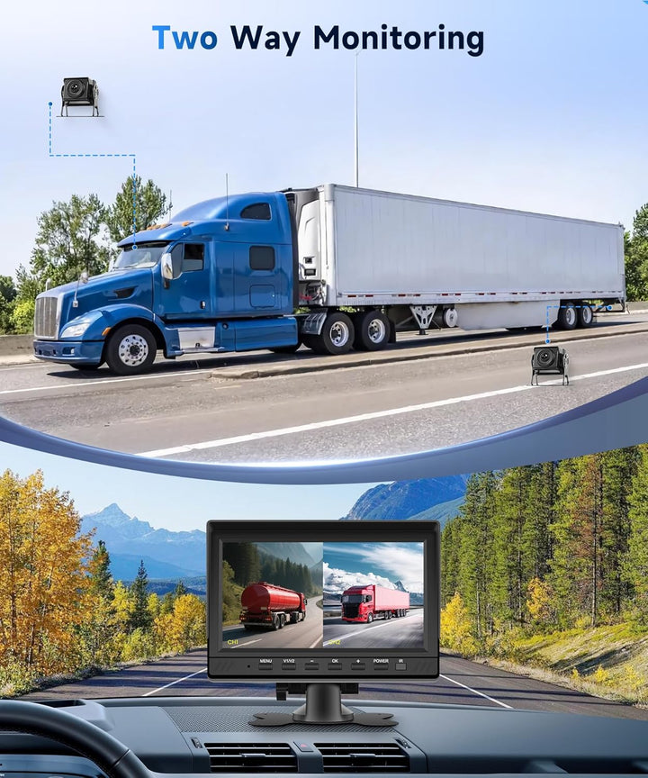 Rimoody Rückfahrkamera Set, 7 Zoll IPS Monitor mit 2 Rückfahrkameras 15m+10m Kabel, DVR, Loop Video,