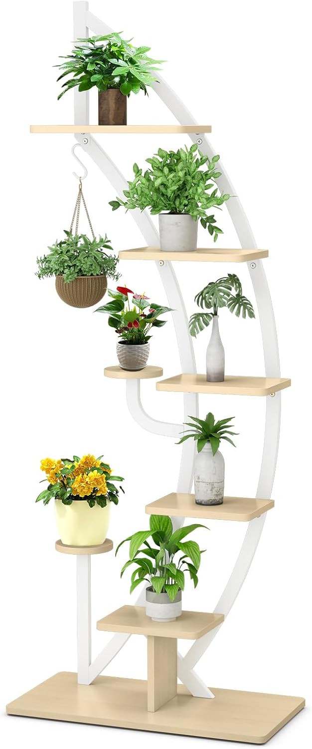 GOPLUS 6-stöckiger Blumenständer Metall, halbmondförmiger Pflanzenständer mit Ablagen & Haken, Pflan