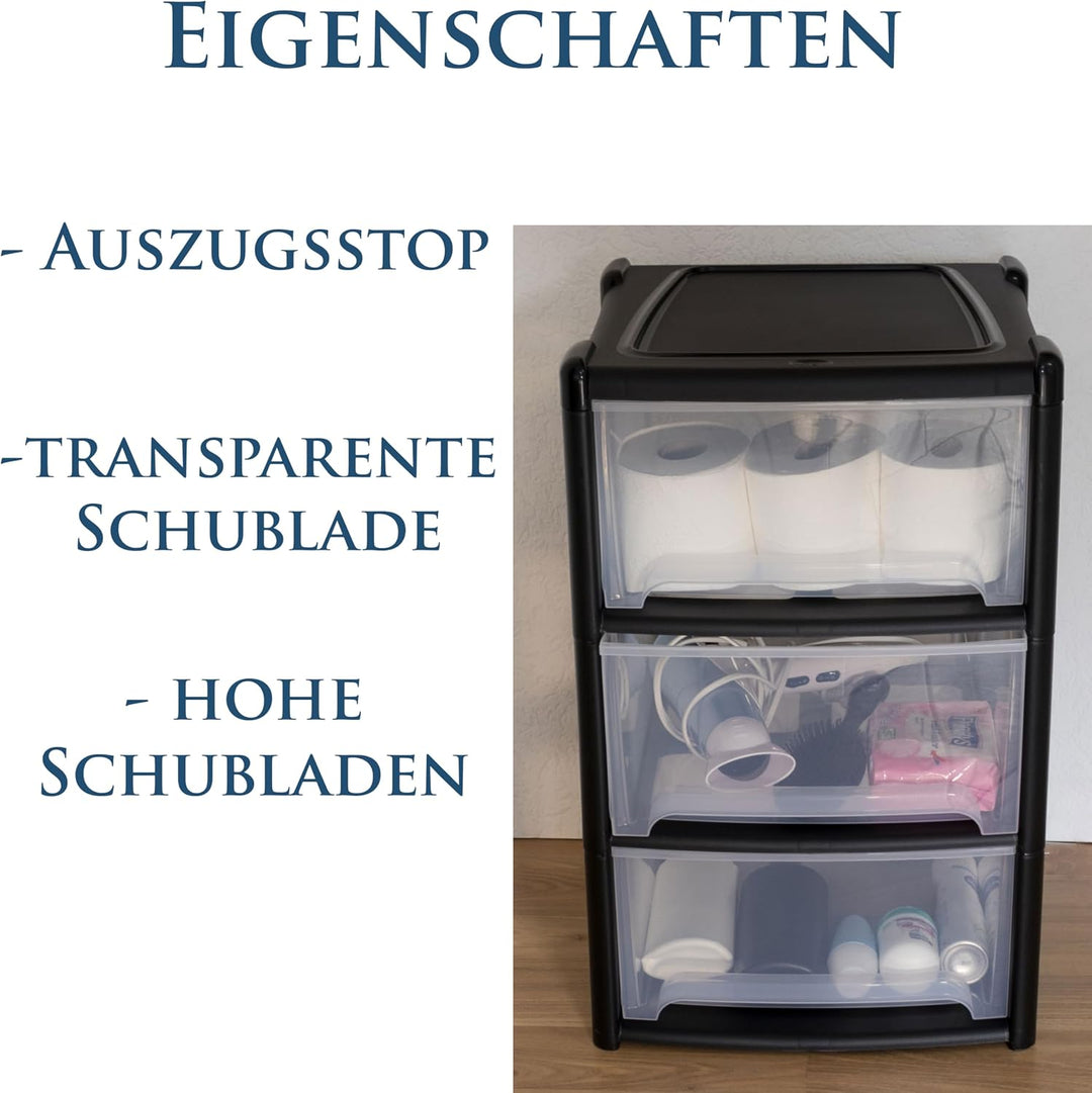 Schubladenbox 3 Schubladen 38x38x61cm schwarz-transparent Kunststoff Box Schwarz 3 Schubladen, Schwa