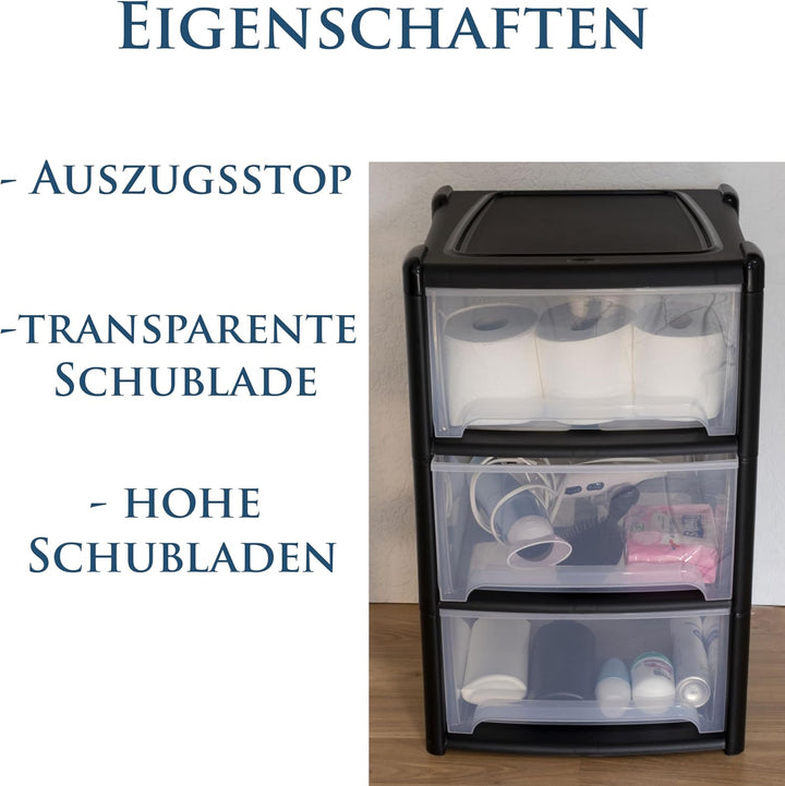 Schubladenbox 3 Schubladen 38x38x61cm schwarz-transparent Kunststoff Box Schwarz 3 Schubladen, Schwa