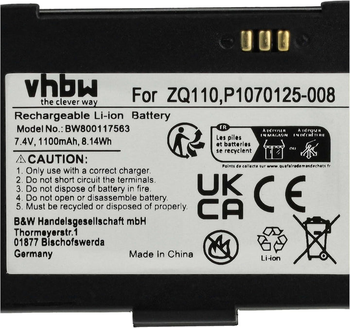 vhbw Akku kompatibel mit Zebra ZQ110 | ZQ220, ZR128 Barcodescanner POS (1100 mAh, 7,4 V, Li-Ion)